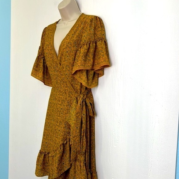 Max Studio - Yellow Ruffled White Floral Mid Short Sleeve Dress Size Medium - Picture 5 of 13